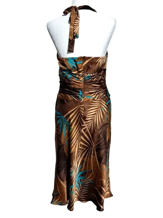Jones New York Silk Halter Dress Womens Size 8 Brown Tropical Print Ruched Waist - Picture 4 of 9